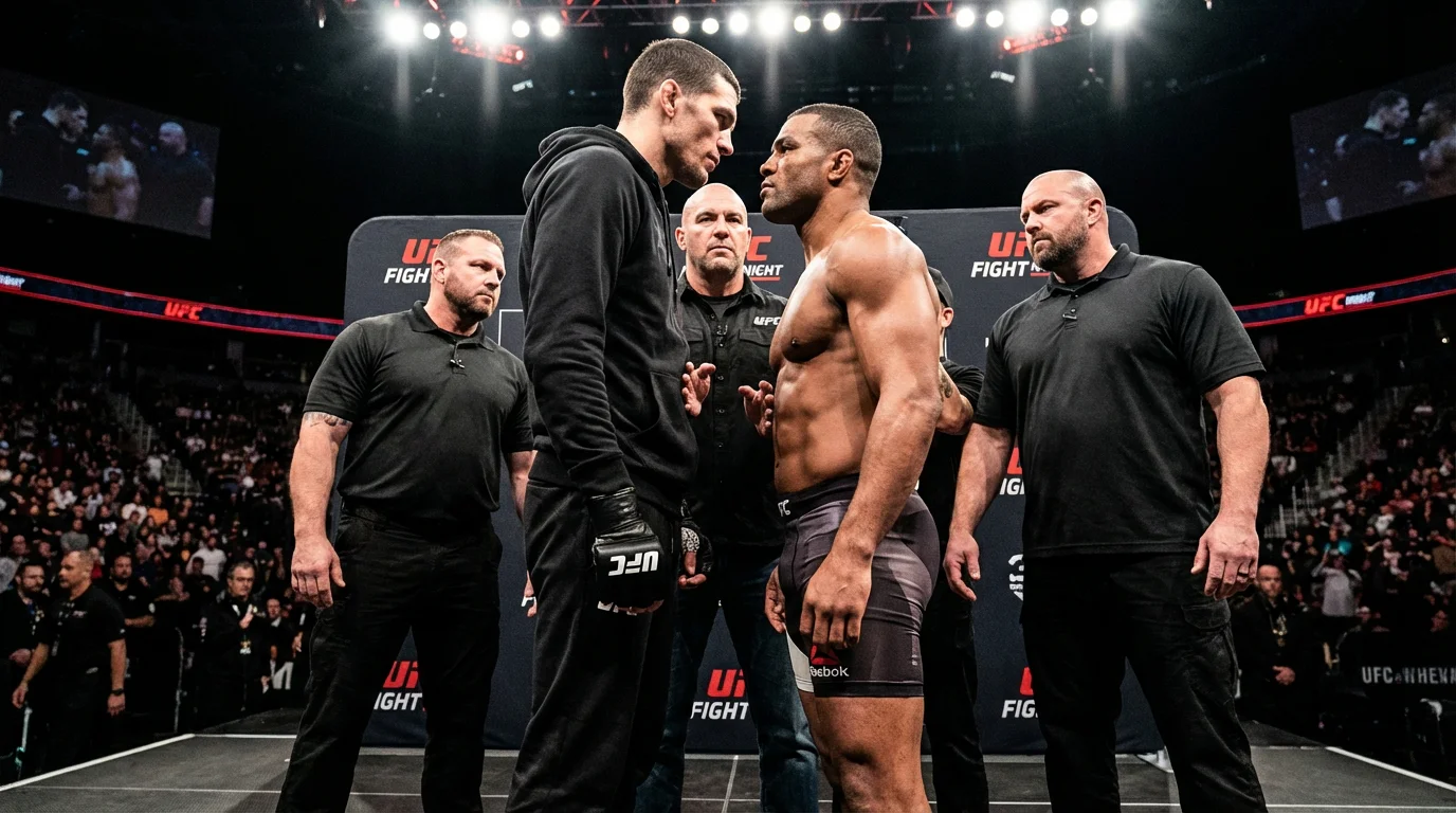 Deux combattants MMA se font face lors de la confrontation avant le combat avec leurs différences de gabarit visibles