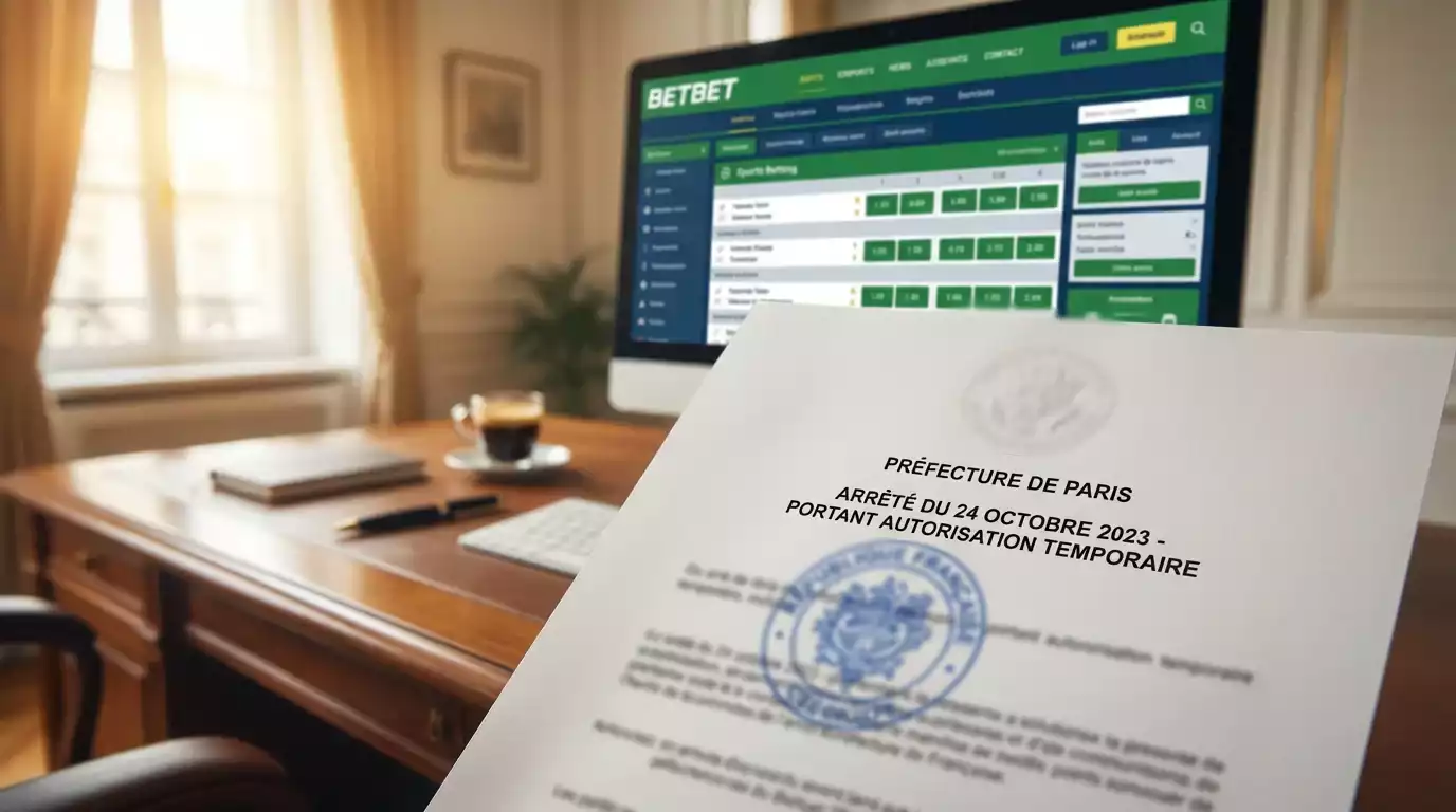 Un document officiel français avec un tampon de régulation posé sur un bureau à côté d