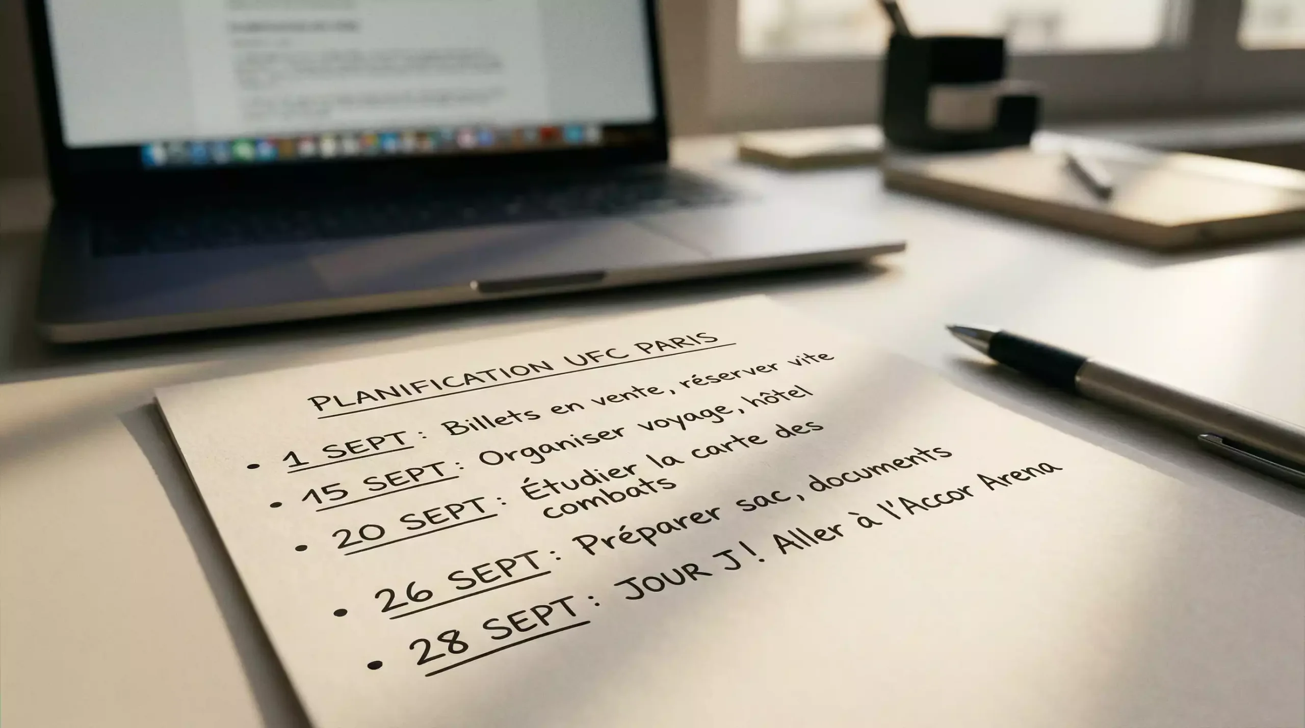 Un carnet de planification ouvert avec des notes sur les événements UFC à venir posé sur un bureau