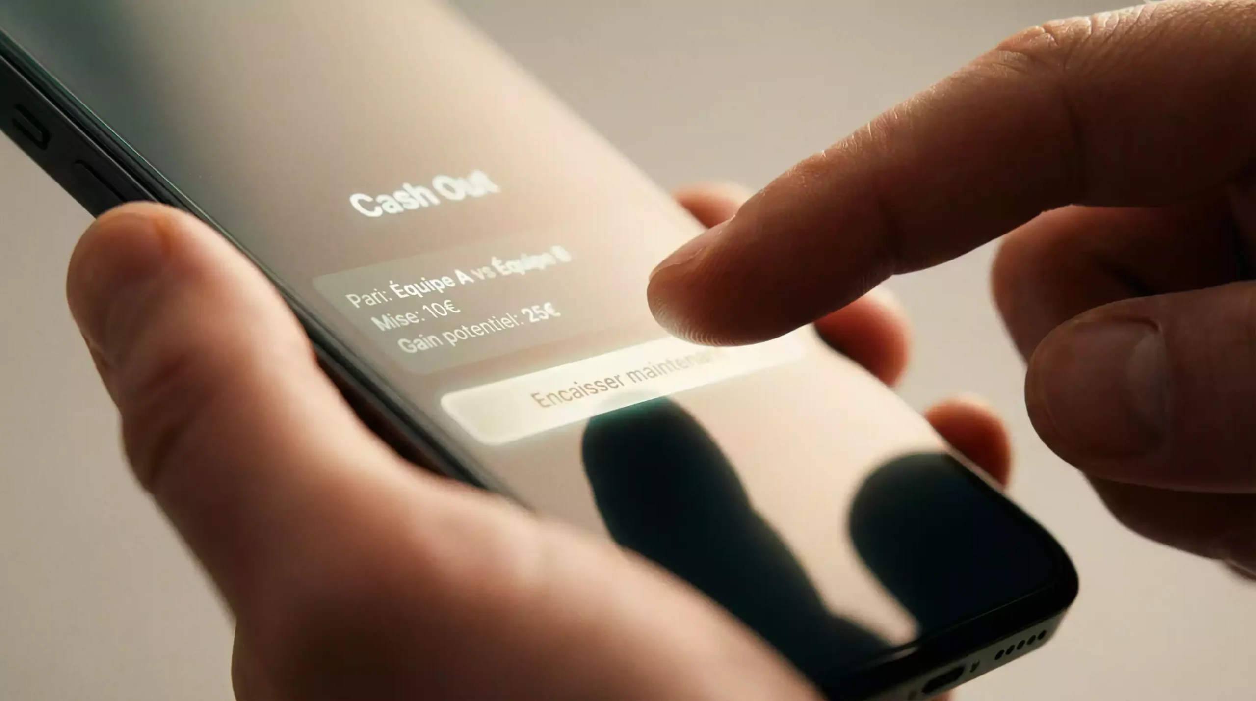 Un doigt appuie sur un bouton de cash out sur un écran de smartphone affichant un pari sportif MMA