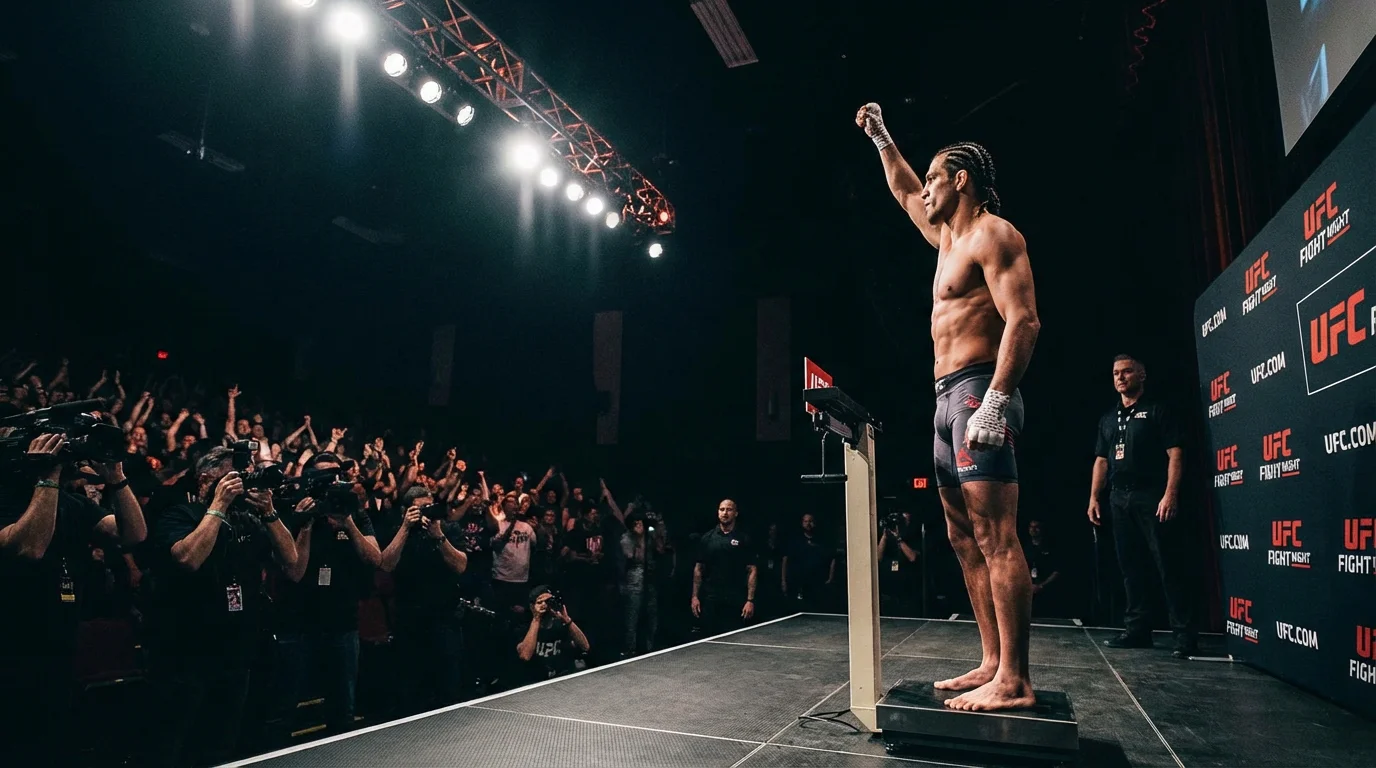 Un combattant MMA sur la balance lors de la pesée officielle UFC avec les projecteurs braqués sur lui