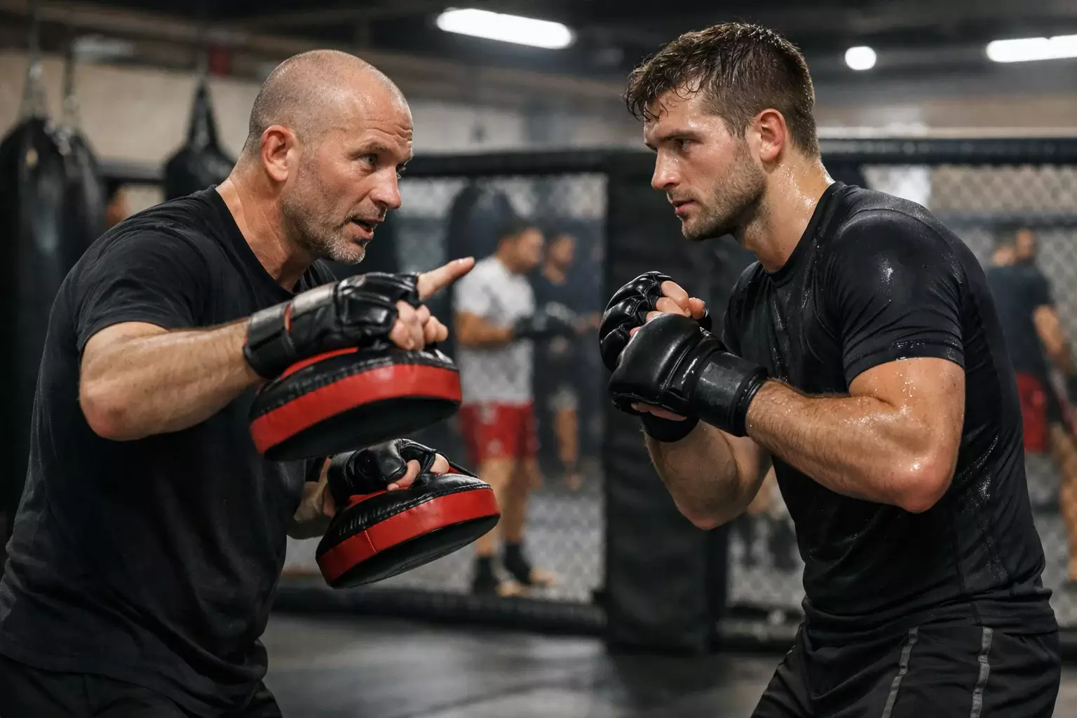 Entraîneur de MMA donnant des instructions à un combattant lors d'une séance