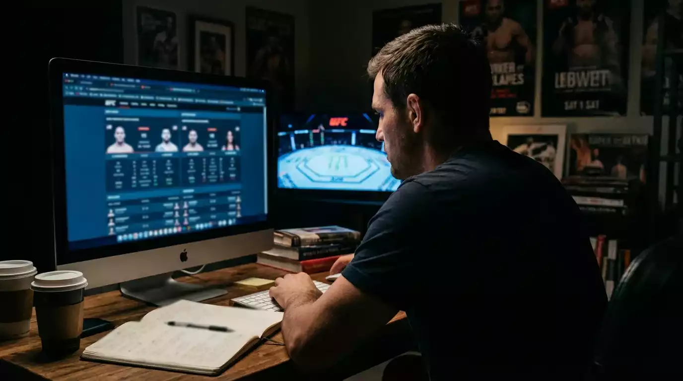 Analyste MMA étudiant des statistiques de combats UFC sur un écran d