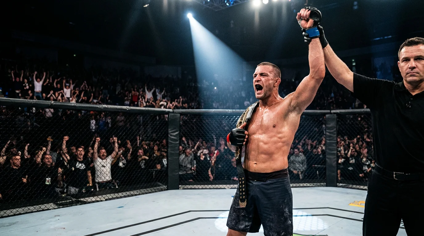 Un combattant MMA lève le bras en signe de victoire dans l