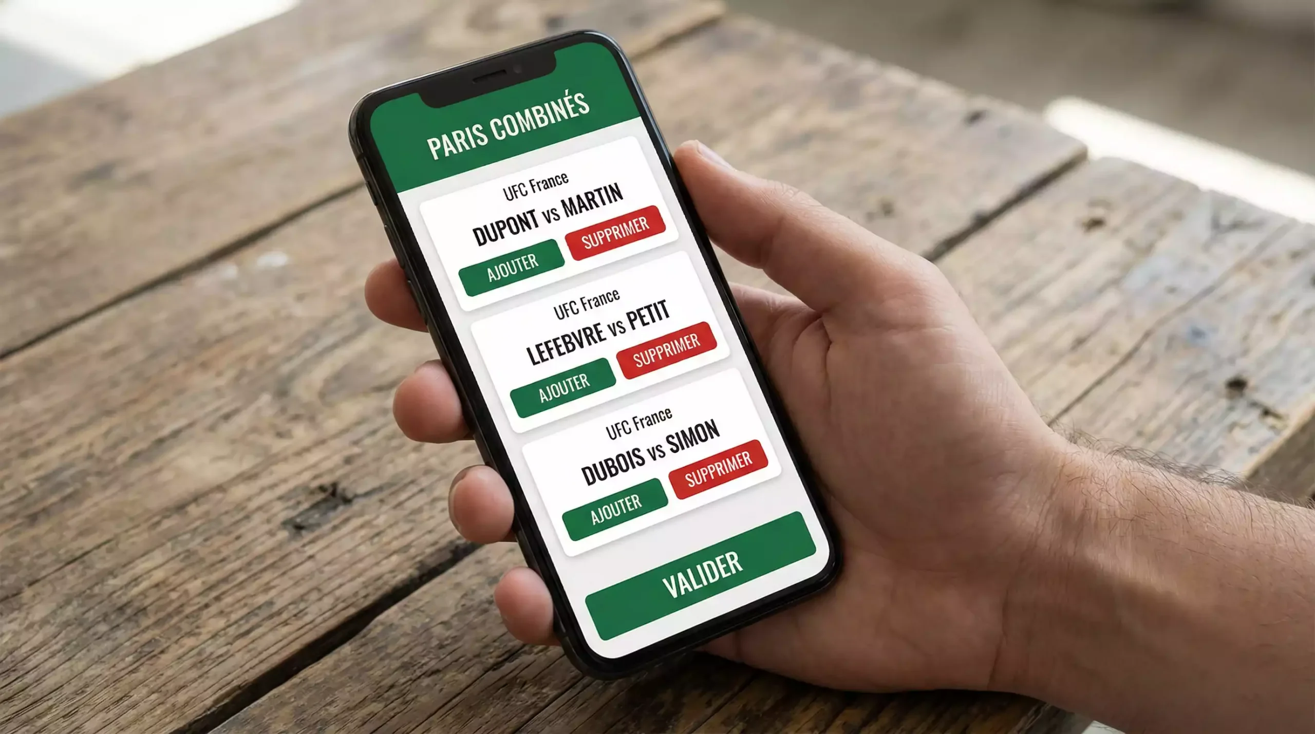 Un parieur analyse plusieurs combats UFC sur un écran de smartphone avec un carnet de notes à côté
