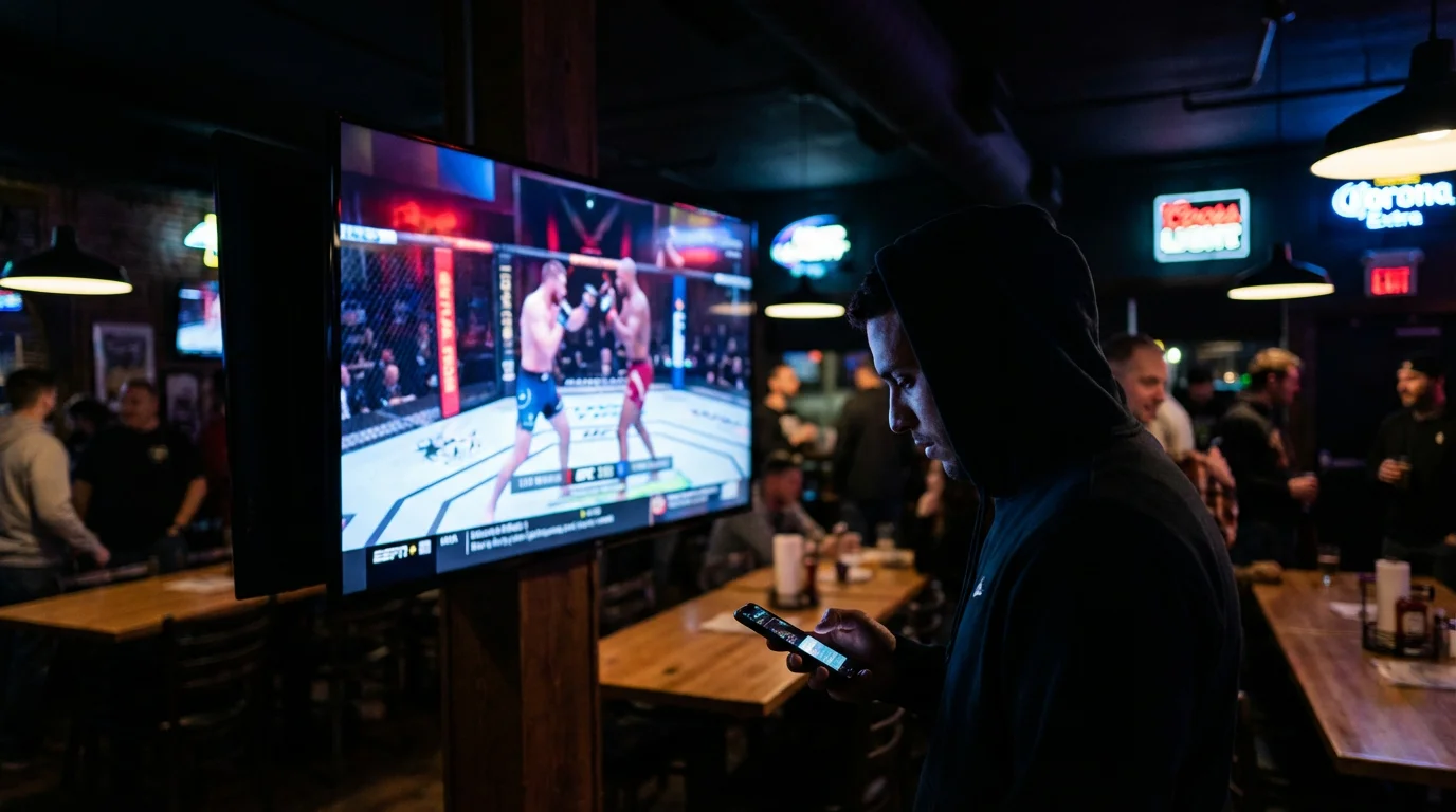 Un fan regarde un combat UFC en direct sur un grand écran dans un bar sportif, smartphone en main