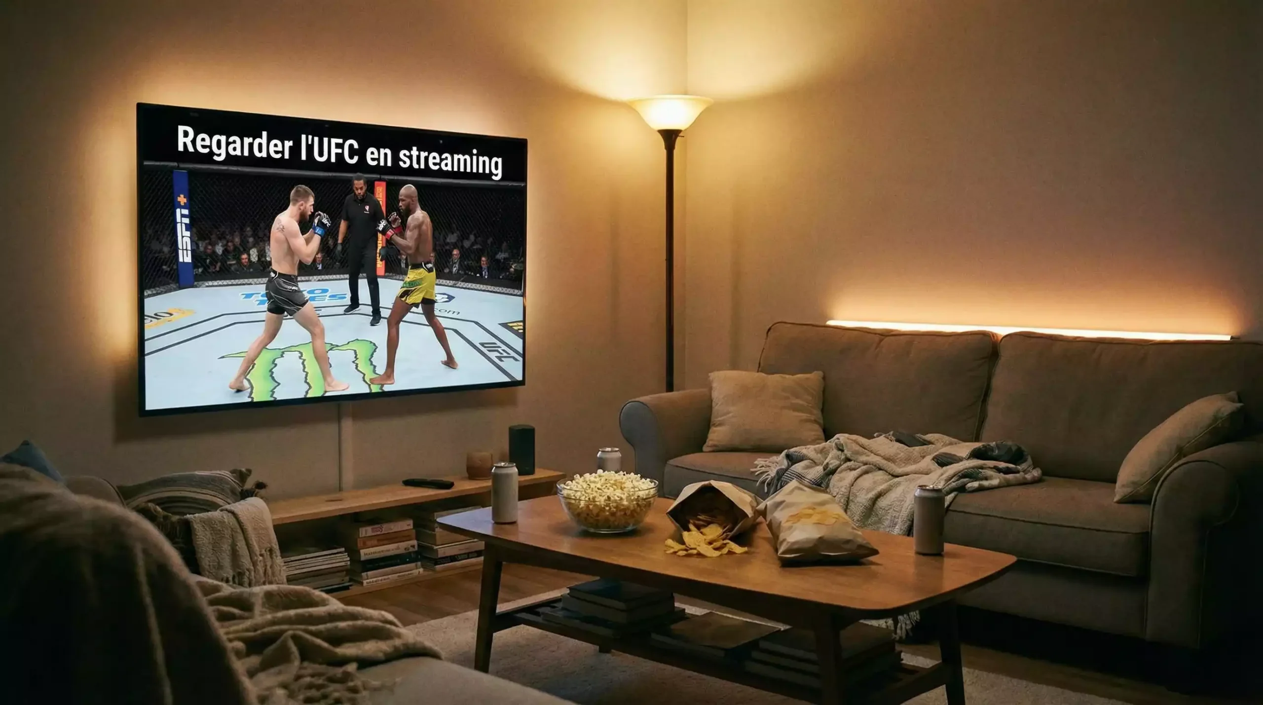 Un salon avec un grand écran TV diffusant un combat UFC en direct dans une ambiance tamisée